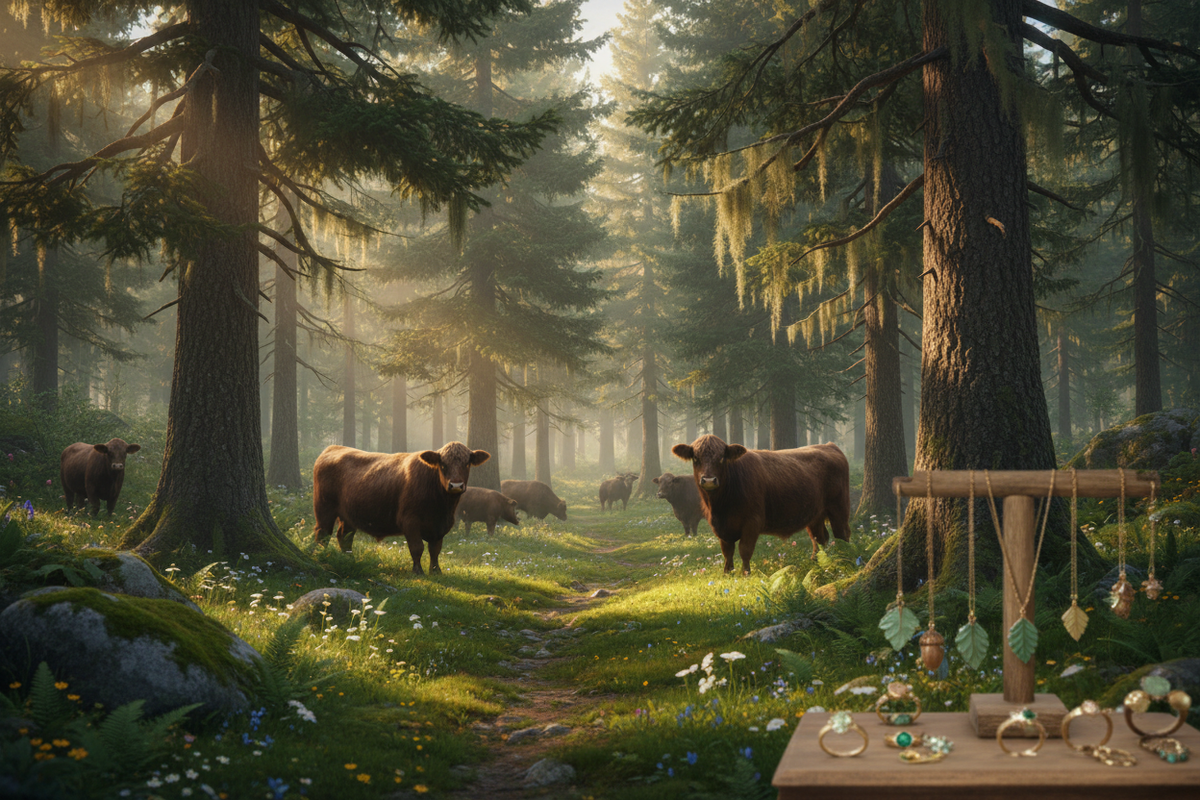 Evergreen forest with cattle - minimal rocks